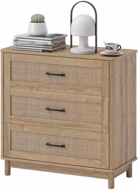 HOMCOM 3 Drawer Chest of Drawers in Natural Oak with Rattan Wood Design