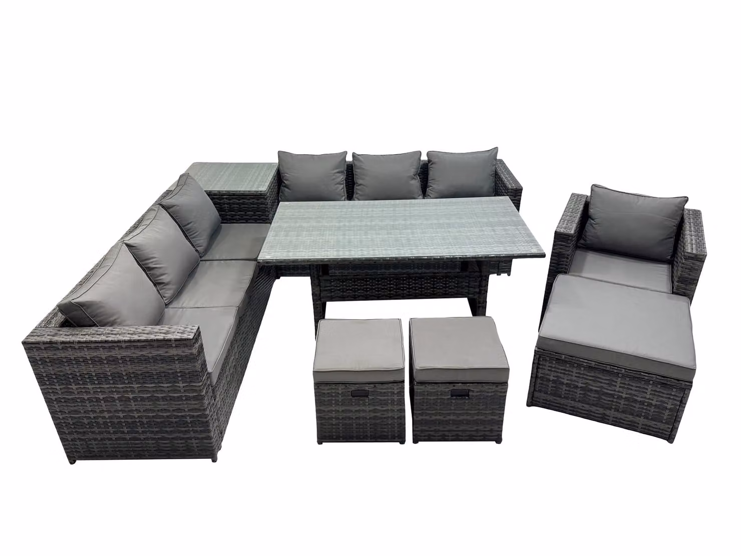 Fimous 10 Seater Garden Rattan Furniture Set with Side Table and 3 Stools in Dark Grey – 2