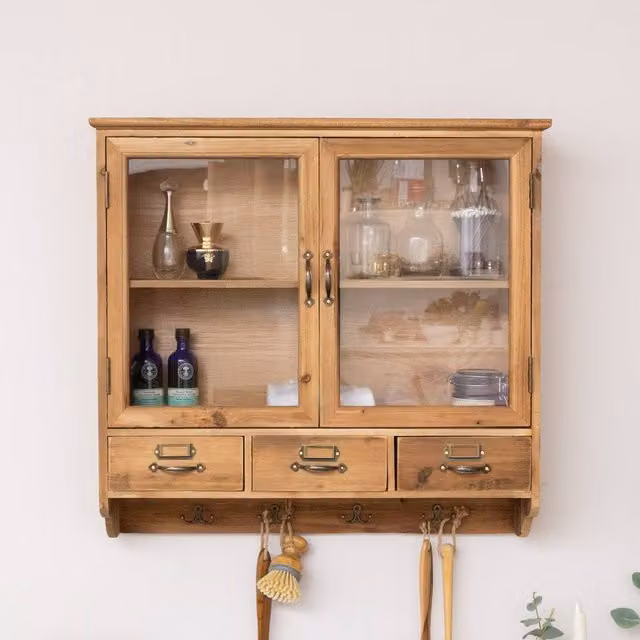 Melody Maison Rustic Brown Wooden Wall Mounted Cabinet with Glass Doors and Internal Drawers