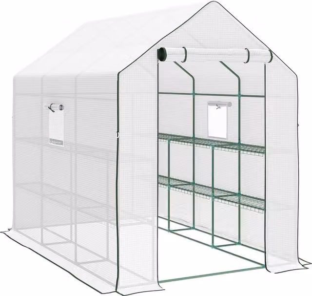 Outsunny Walking Greenhouse with PE Cover, 3 Tier Shelves, Roll-up Door and Mesh Windows, White, W/D/H: 2.0 x 1.4 x 1.9 m – 1