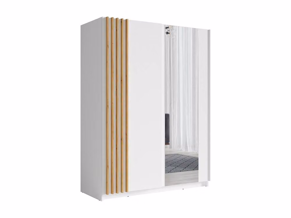 Vente-unique Sliding Door Wardrobe with Mirror in White and Natural, W: 150.6 cm, D: 62.0 cm, H: 198.5 cm – 2