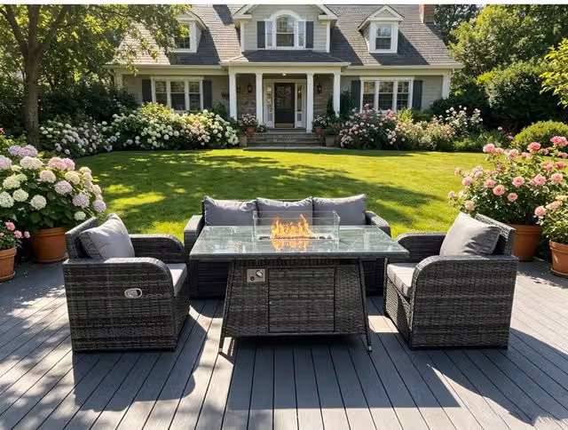 Fimous Rattan 5 Seater Gas Fire Pit Sofa Set with Reclining Chairs in Dark Grey – 2
