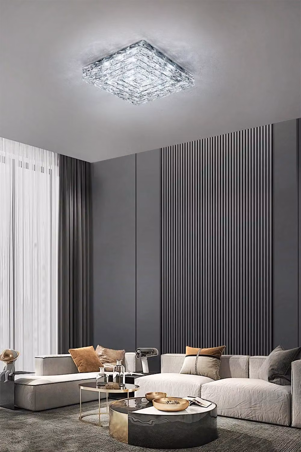 H&O Direct Modern Square Crystal LED Ceiling Light in Silver – 2