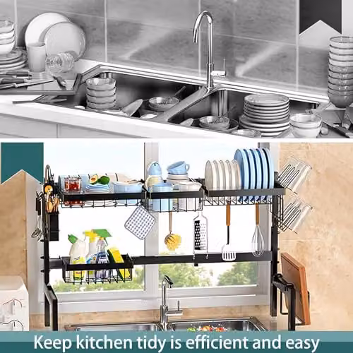 ATEK 2-Tier Expandable Over the Sink Dish Drainer Rack with Cup Holder and Utensil Holder, Black – 4