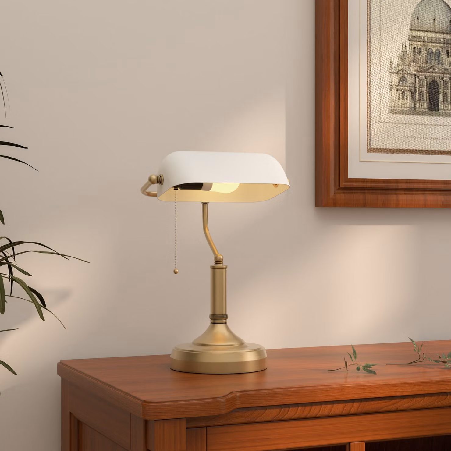 HOMCOM Banker's Desk Lamp with Antique Bronze Base and White Glass Shade for Home Office – 2