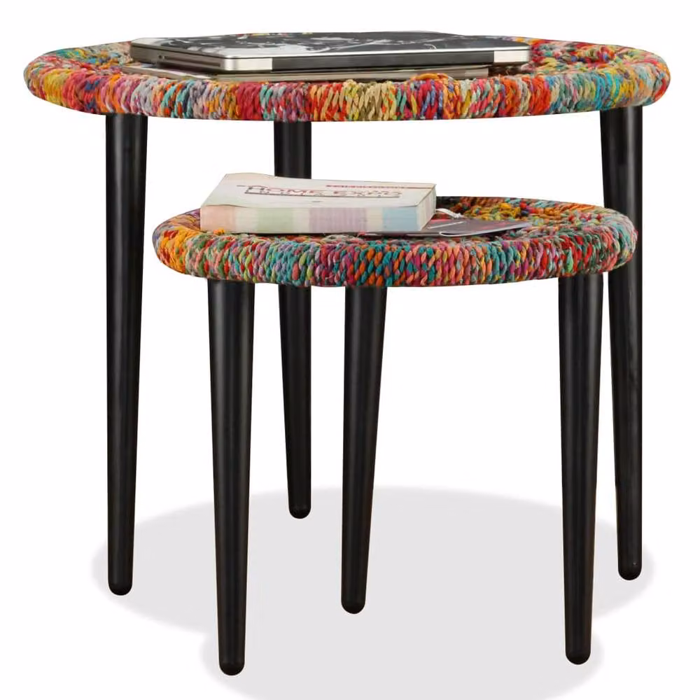 Berkfield Home Beautiful 2 Piece Round Nested Coffee Table Set with Chindi Weave Details in Multicolour – 3