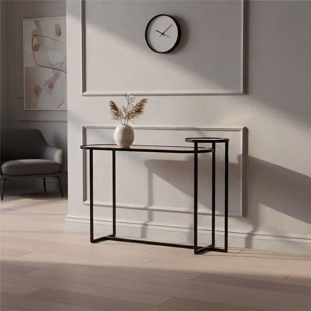 Orsina Dual-Tier Console Table with Smoked Glass Tops and Black Metal Frame – 1
