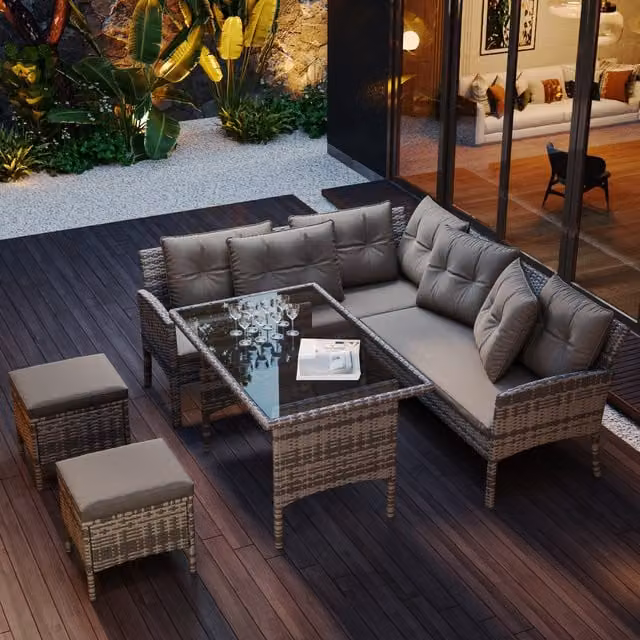 Home Touch Interior 7 Seater Grey Rattan Outdoor Garden Dining Table and Corner Sofa Set with Glass Top