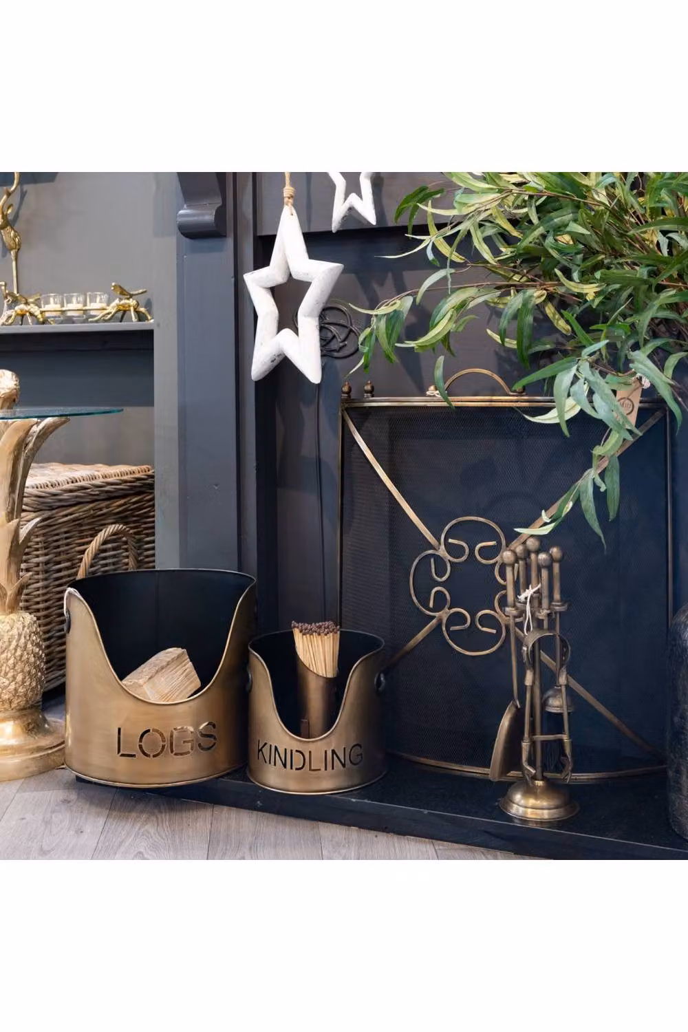KDMD Bronze Finish Log and Kindling Bucket with Matchstick Holder Set – 3