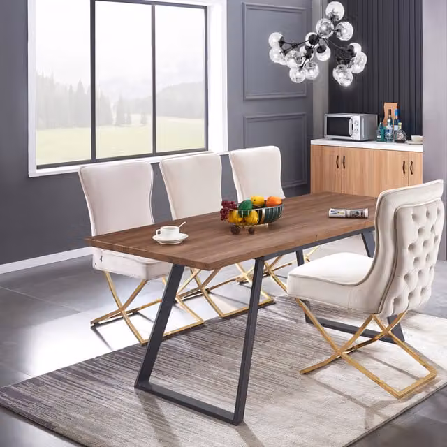 Life Interiors Toga LUX Extendable Dining Set with Rectangular Wood Table and 4 Cream Velvet Upholstered Chairs