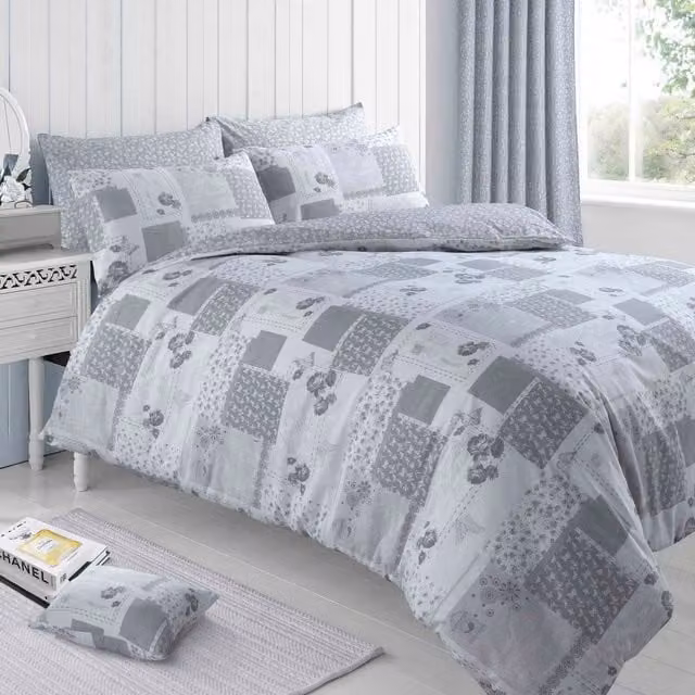 Velosso Floral Shabby Chic Duvet Cover and Pillowcase Set, Multicolour and Grey, W: 140 cm x L: 200 cm