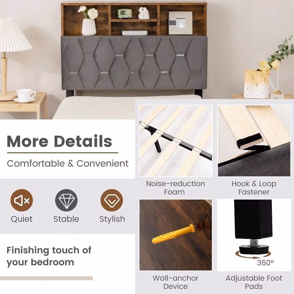 SPETLEK Single Upholstered Platform Bed Base with Storage and Headboard in Grey, W/D/H: 90 x 190 x 31.5 cm – 3