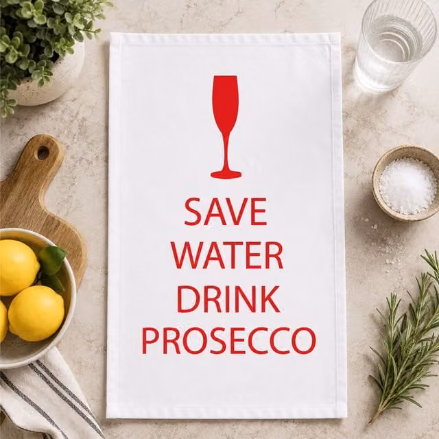 60 Second Makeover Save Water Drink Prosecco White Cotton Tea Towel with Red Text