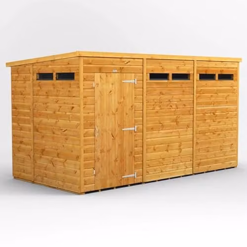 Powersheds Premium Pent Security Wooden Garden Shed in Brown with Toughened Glass and PVC Window Sills