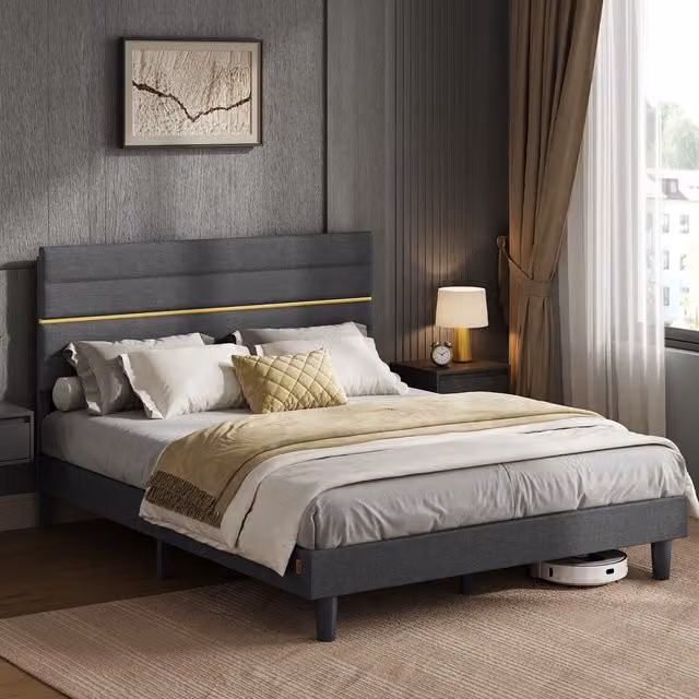 VASAGLE King Bed Frame with Adjustable Upholstered Headboard in Grey and Gold