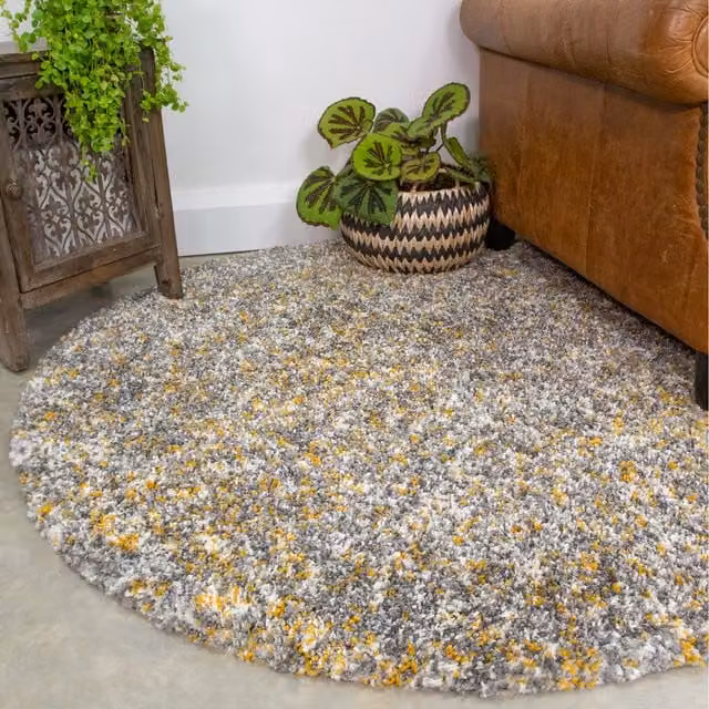 The Rug House Super Soft Ochre Yellow and Grey Mottled Shaggy Square Area Rug, W/D/H: 135 x 135 x 1 cm