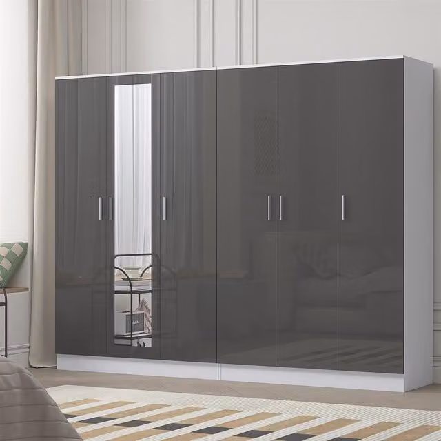 Reflect Gloss Wardrobe Bundle with 3-Door Mirror and 3-Door Plain Wardrobe in Grey and White
