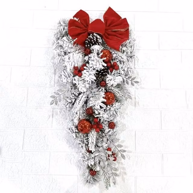 FLAVORA S-Wall Hanging Snowy Christmas Wreath in Red, W: 100 cm, H: 60 cm