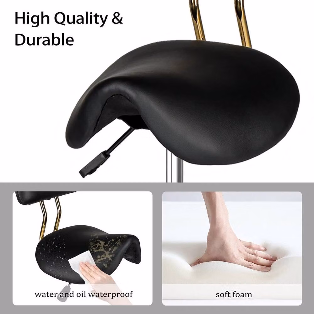 NESTLUNE Adjustable Swivel Salon Saddle Stool with Backrest in Black and Gold PVC Leather – 3