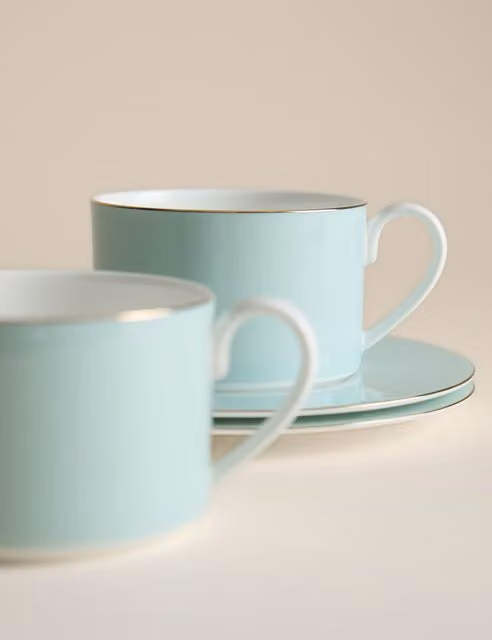 M&S Set of 2 Bone China Cups and Saucers in Mint Green with Gold and Turquoise Details