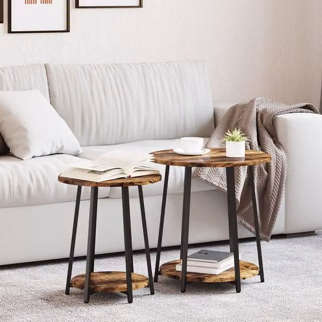 Berkfield Home Set of 2 Round Nested Side Tables in Smoked Oak and Brown Metal – 1