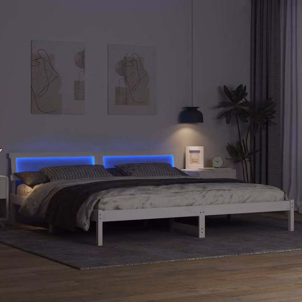 Berkfield Home Modern White Metal and Pine Bed with Headboard, LED Strip Lights and Lift Up Base, W/D/H: 200 x 200 cm – 3