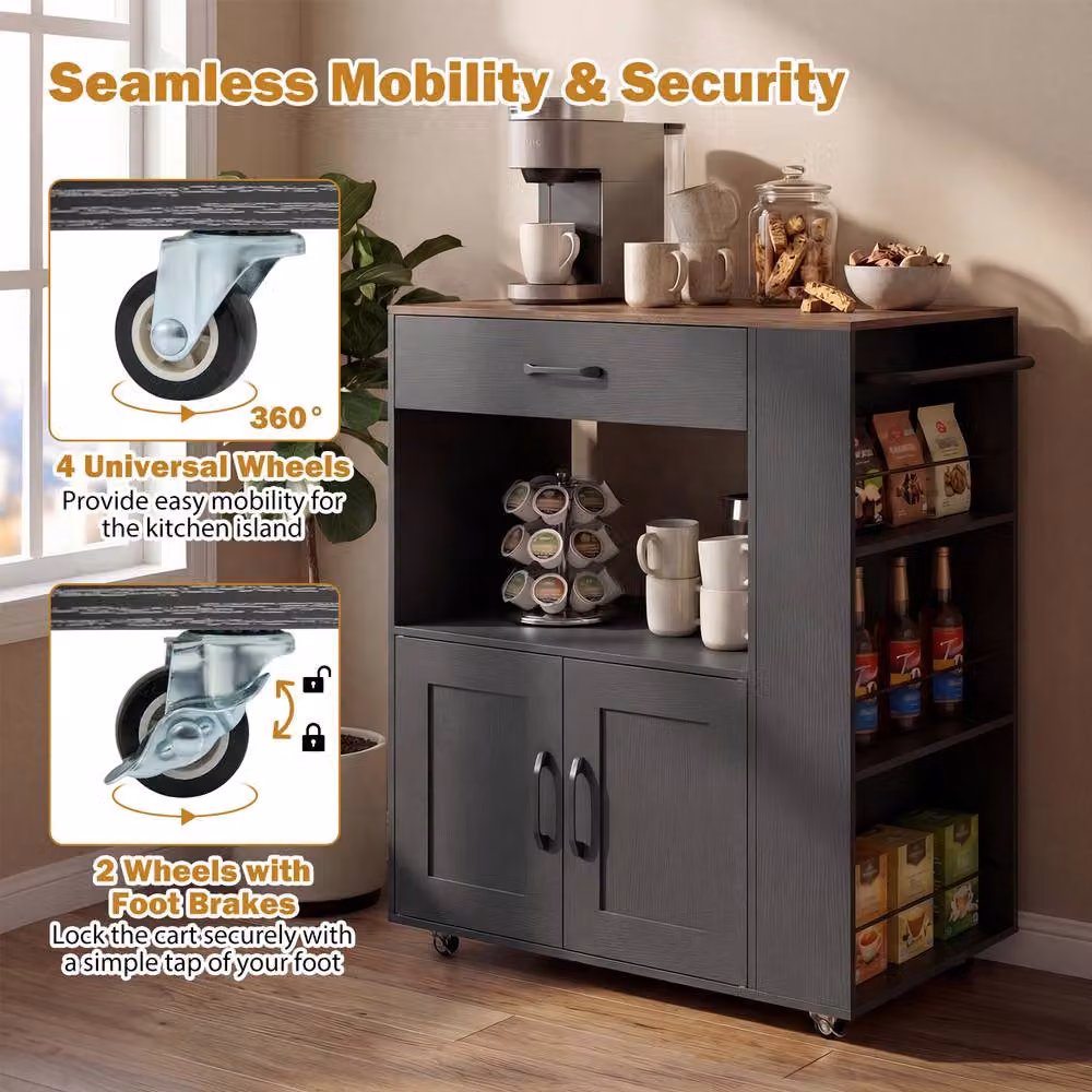 Costway Black Wood Kitchen Island Cart with Storage and Wheels – 6