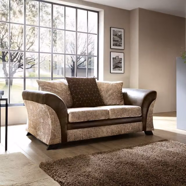 Abakus Direct Farrow 2 Seater Corner Sofa in Brown and Beige Leather and Chenille Fabric