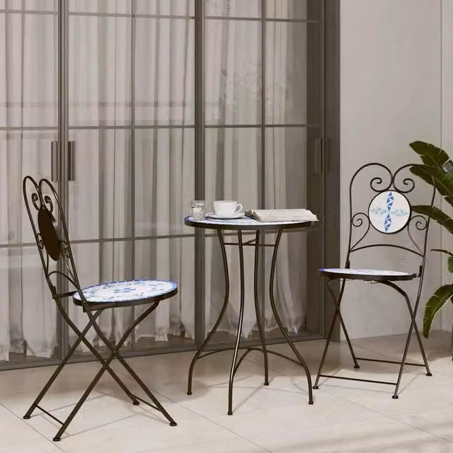 Berkfield Home Mosaic Bistro Set in Blue and White with Ceramic and Metal Construction