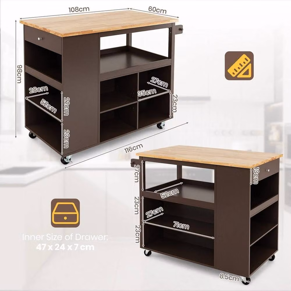 Kelvenix Brown Rubberwood Mobile Kitchen Island Rolling Serving Trolley Cart – 2