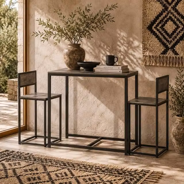 Wyld Haus Nenepa 3 Piece Industrial Dining Set with Rectangular Table and Stools in Charcoal Grey and Black, W/D/H: 90 x 76 x 47 cm – 1