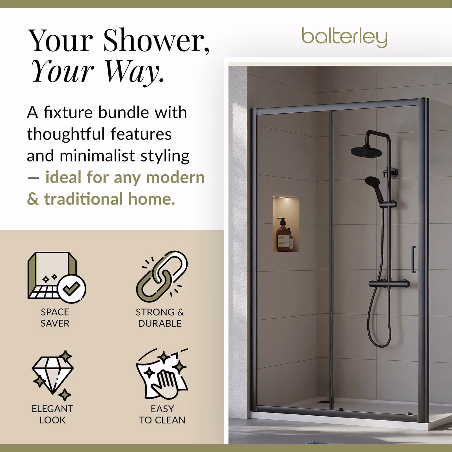 Balterley Ruwa Sliding Shower Suite with Rectangular Tray and 6mm Glass Door Panel, Black, W: 120 cm, D: 90 cm, H: 190 cm – 2