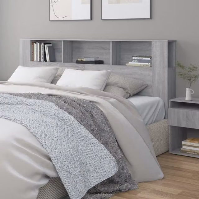 Berkfield Home Grey Sonoma Headboard Cabinet with Bedside Shelves, W: 200 cm, D: 18.5 cm, H: 104.5 cm – 1