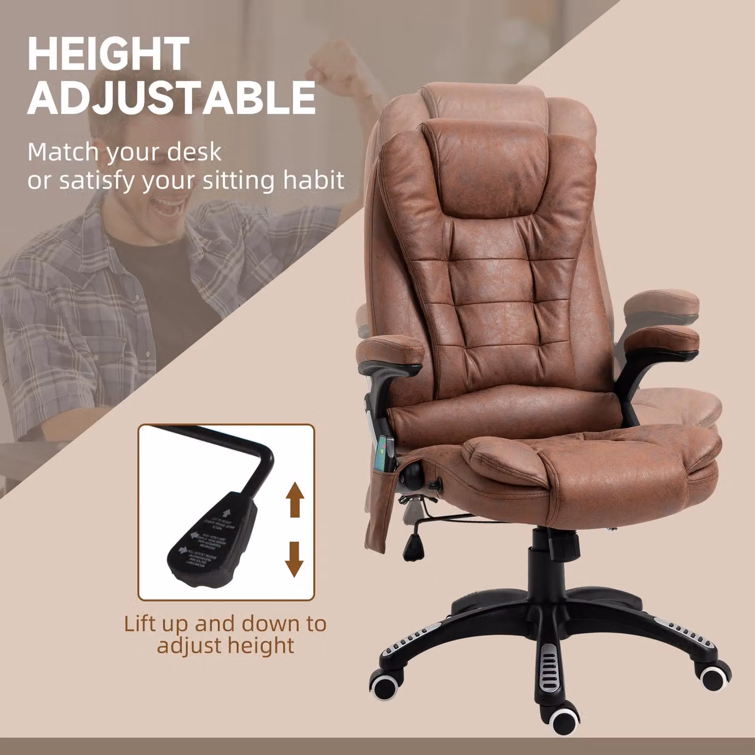 Vinsetto Ergonomic Brown Fabric Gaming and Office Chair with 6-Point Massage and Heated Back Support – 4