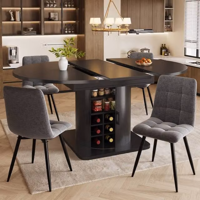 Rolipo Black Extendable Dining Table with Folding Top and Hidden Storage