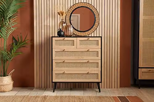 Birlea Croxley Mid Century Modern 5 Drawer Rattan Chest of Drawers in Black Oak and Gold – 2