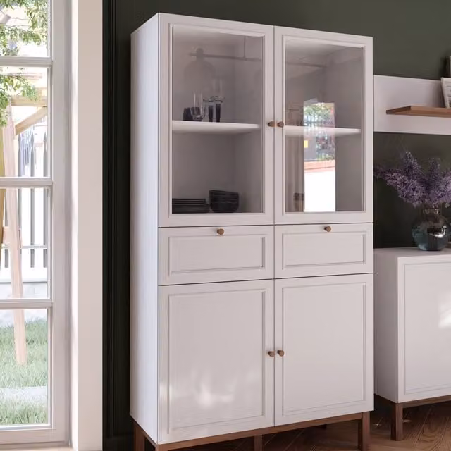 Furniture To Go Wensley Modern Grey Display Cabinet with LED Lighting and Glass Doors