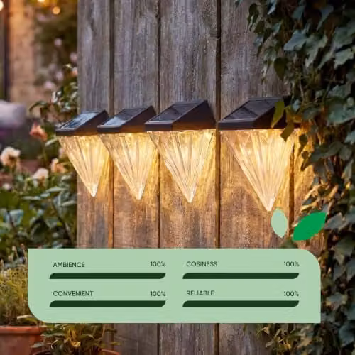 Gardenwize Pack of 4 Solar Diamond LED Fence Post Lights in Warm White and Transparent – 5