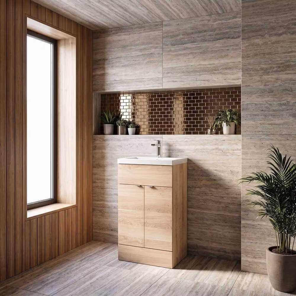 Balterley Alrewas Contemporary 2 Door Floor Standing Vanity Basin Unit, Brown Oak Finish, Width: 50 cm – 3