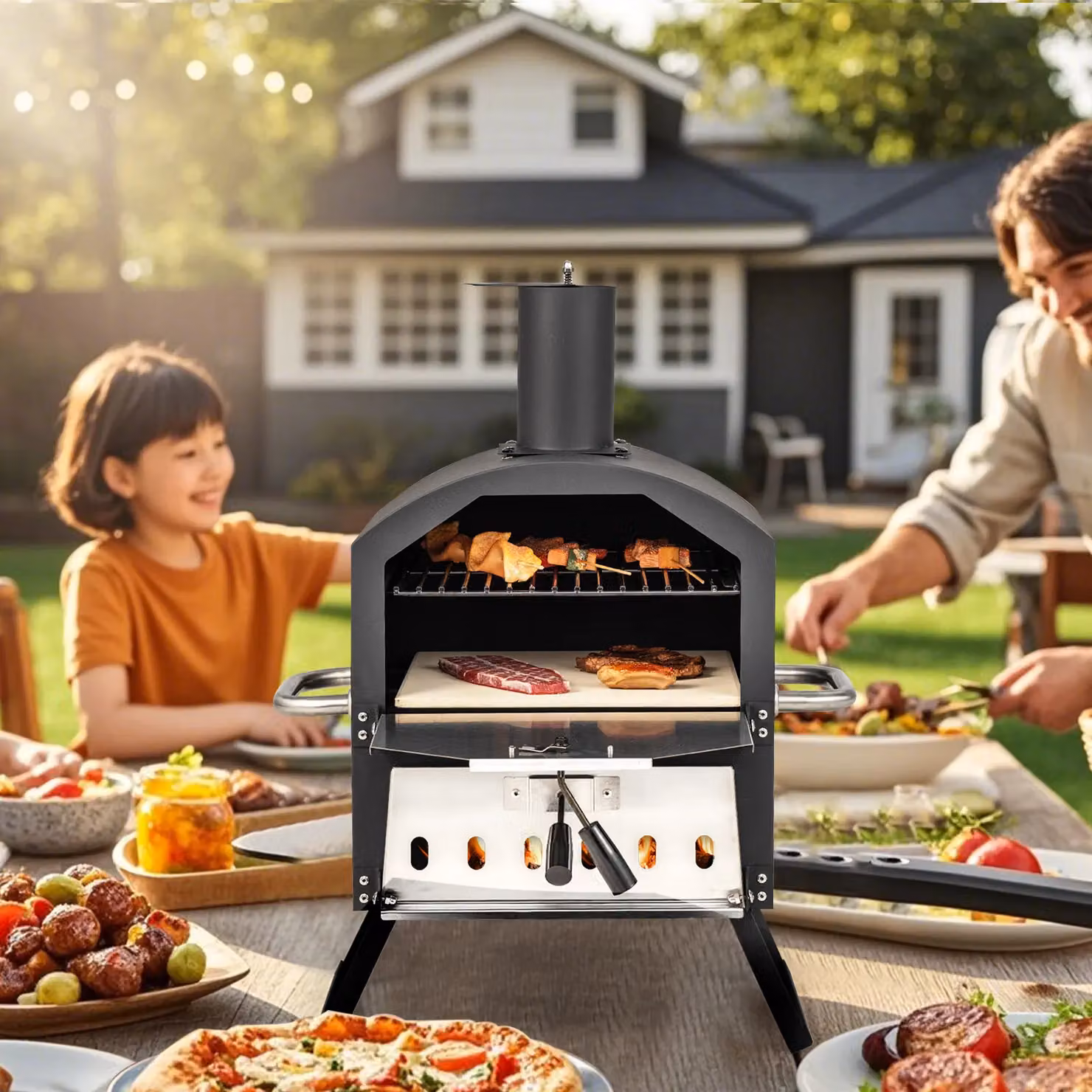 Costway 2-Layer Wood Fired Outdoor Pizza Oven and BBQ Grill with Stainless Steel, Black, W/D/H: 72.0 x 54.0 x 44.0 cm – 5