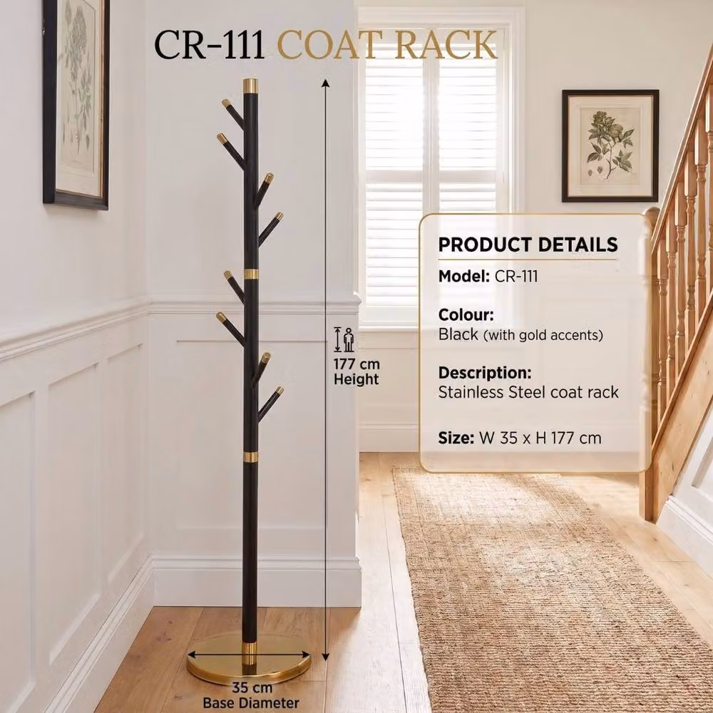 HOME LUXE INTERIOR Modern Black and Gold Stainless Steel Freestanding Coat Rack, Height: 177 cm – 2