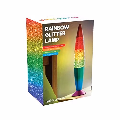 Global Gizmos 48639 Rainbow Glitter Retro Mood Lamp in Multicolour and Chrome, H: 40.64 cm – 5