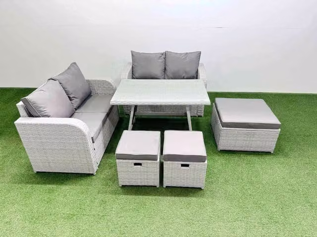 Fimous 7 Seater Rattan Garden Furniture Set in Light Grey with Upholstered Cushions, Ottoman and Coffee Table