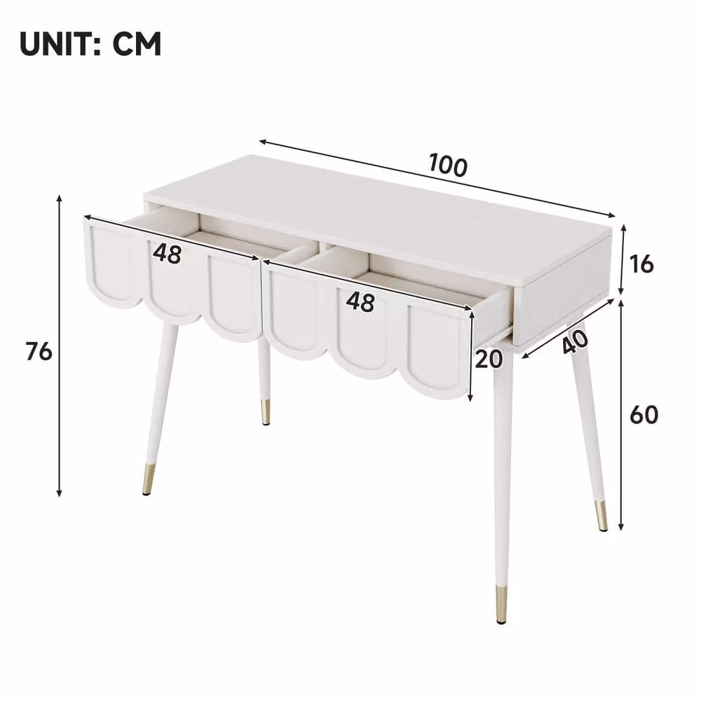 ModernLuxe White Dressing Table with Drawers and Metal Legs, W: 100 cm, D: 40 cm, H: 76 cm – 2