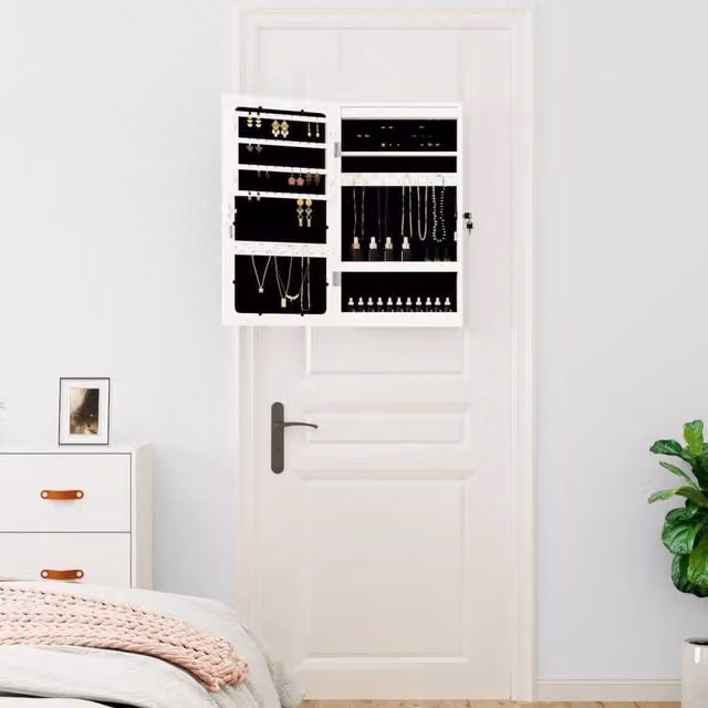 Berkfield Home White Mirror Jewellery Cabinet with LED Lights, Wall Mounted, W: 37.5 cm, D: 10.0 cm, H: 67.0 cm – 1