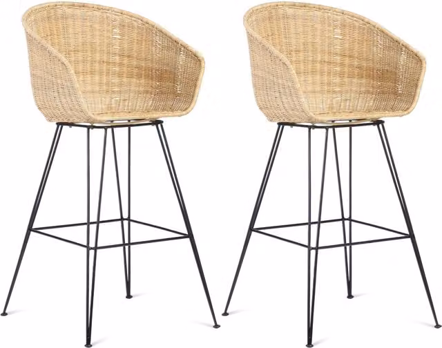 Set of 2 Porto Bar Wicker Stools in Natural Rattan and Metal with Beige and Yellow Fabric Seats