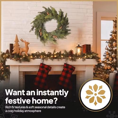 SHATCHI Green Fir Wreath with Pine Cones, 80 cm Diameter, Artificial Real Touch Christmas Wreath – 4
