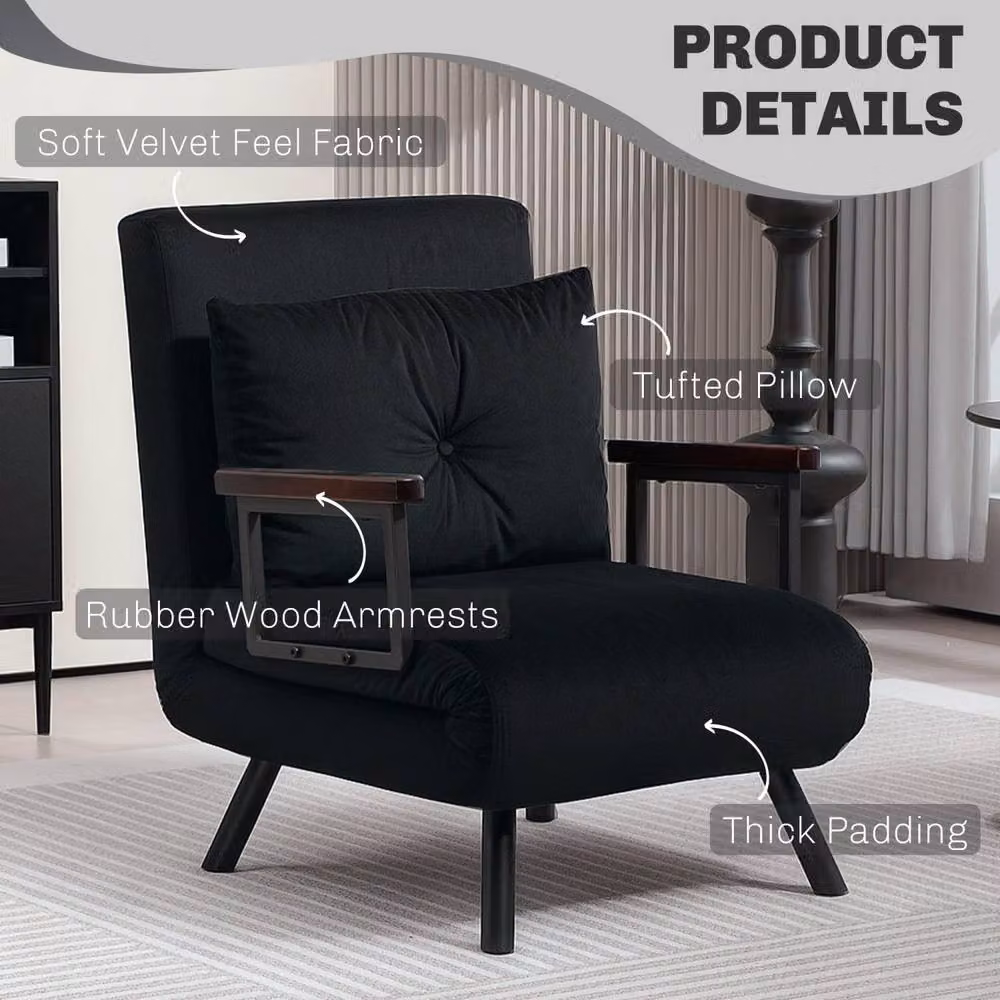 Wyld Haus Nenoli Black Velvet 4 in 1 Convertible Single Chair Bed with Armrests and Foam Cushion – 6