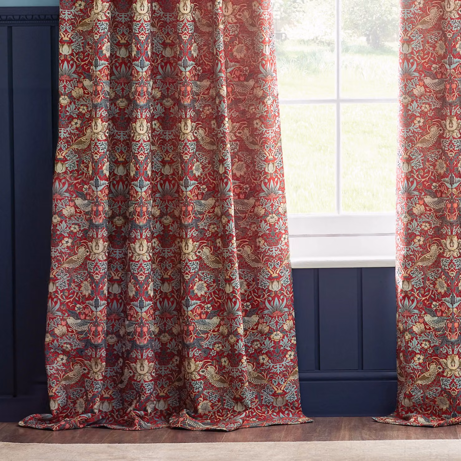 Morris & Co Strawberry Thief Jacquard Floral Room Darkening Pencil Pleat Curtain Pair in Red, Width: 229 cm, Drop: 229 cm – 3