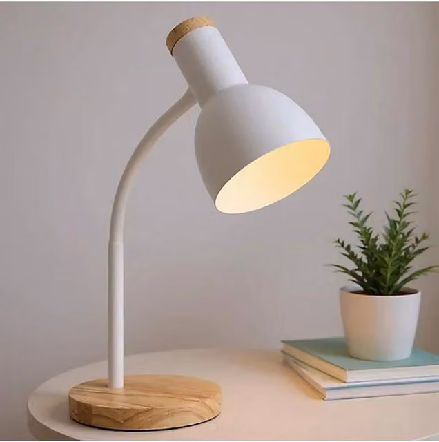 Living and Home Modern White and Wood Table Lamp with Adjustable Metal Arm for Bedroom or Home Office – 1